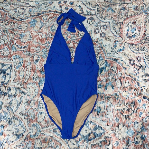 J. Crew Plunging Halter One Piece Swimsuit in Blue SZ 8 EUC - Picture 2 of 4